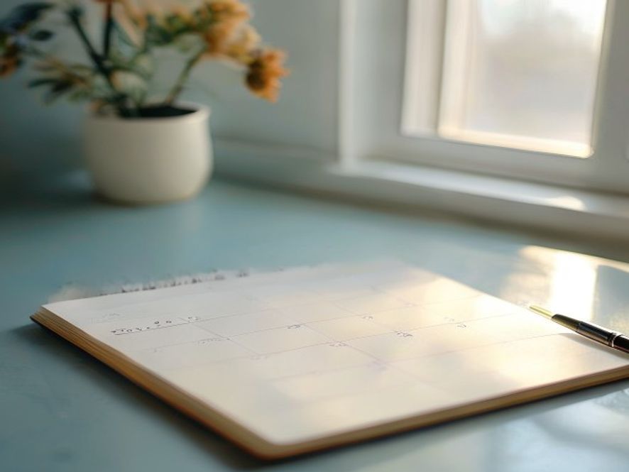 Notebook and morning planning setup on a wooden desk