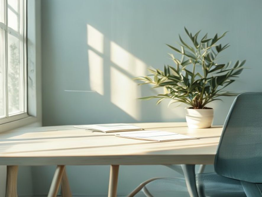 Calm professional workspace with natural light and plants